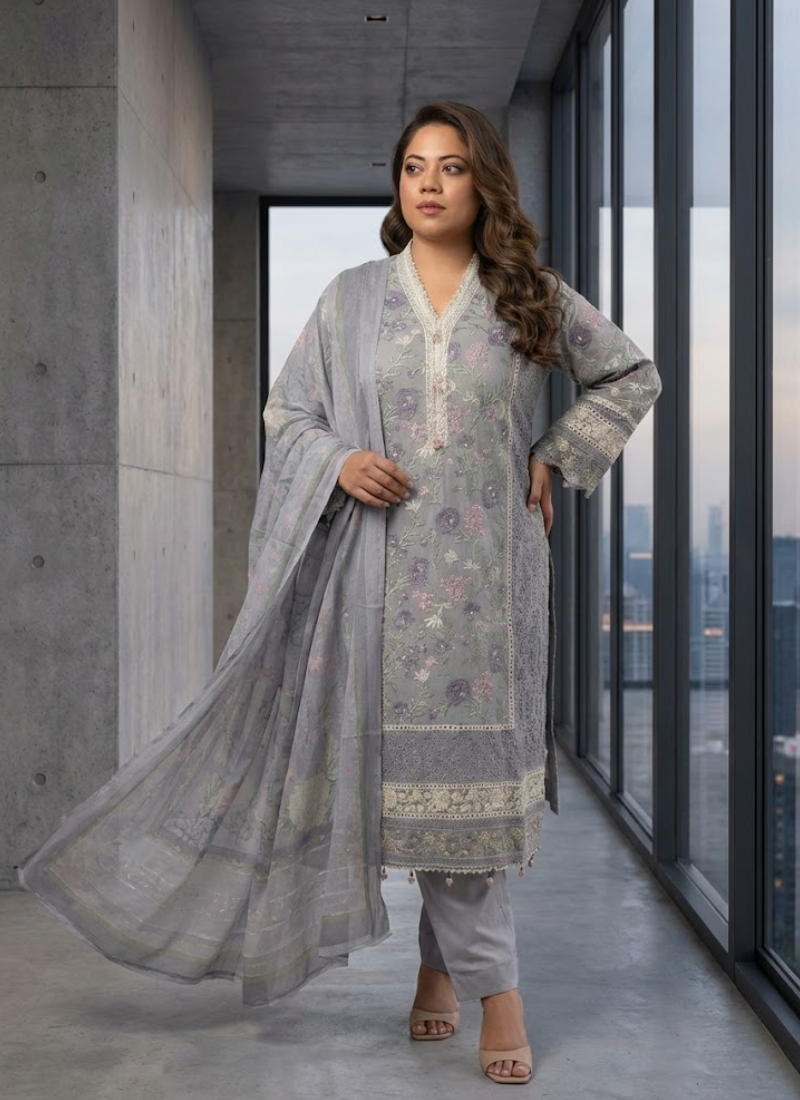 Women’s chiffon salwar kameez with satin salwar, embroidered sleeves, georgette dupatta, and festive detailing.