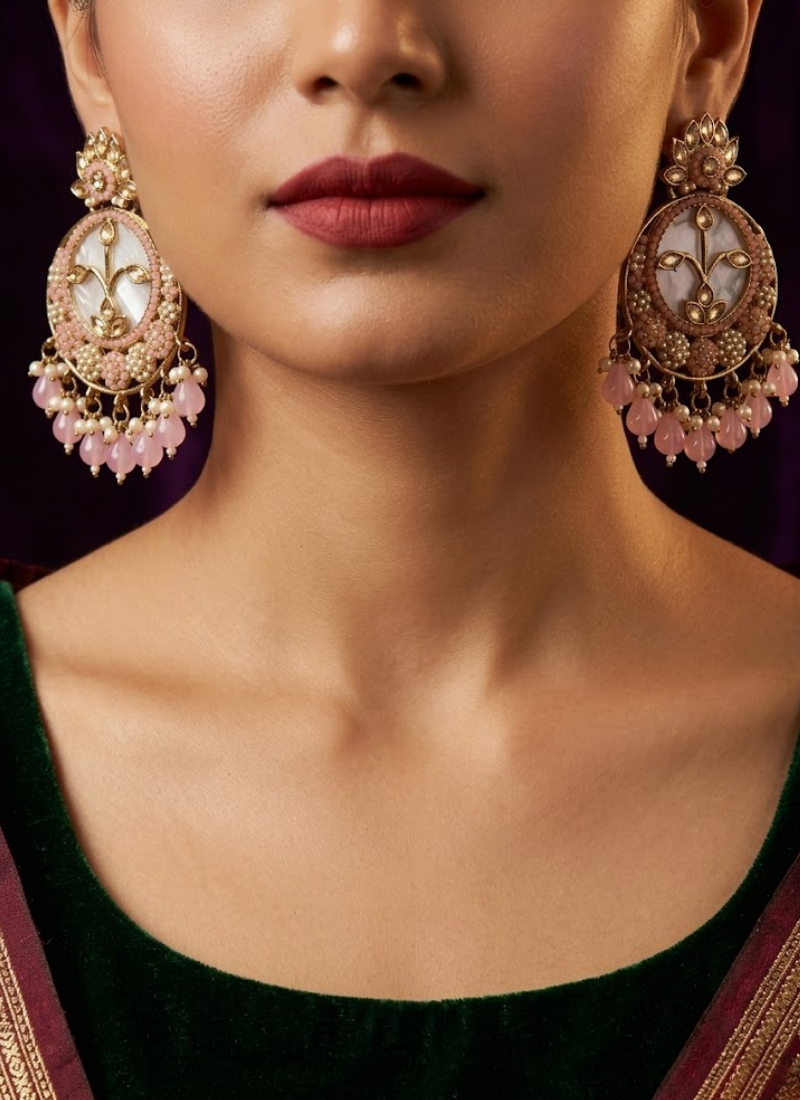 Kundan Chandbali Earrings with Moti Work - View 3