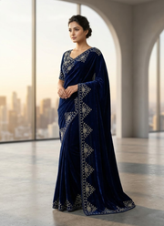 Silk Saree in Pure Velvet with Embroidery Border & Blouse Piece 6