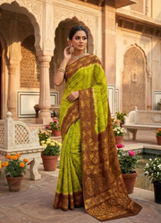 Parrot Green & Yellow Batik Print Saree 3