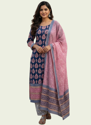 Cotton Block Printed Salwar Suit – Royal Blue & Pink 1
