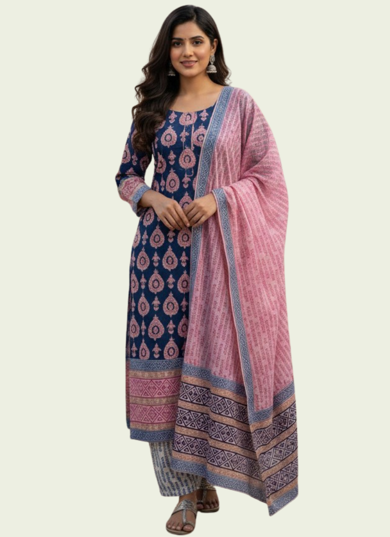 Cotton Block Printed Salwar Suit – Royal Blue & Pink
