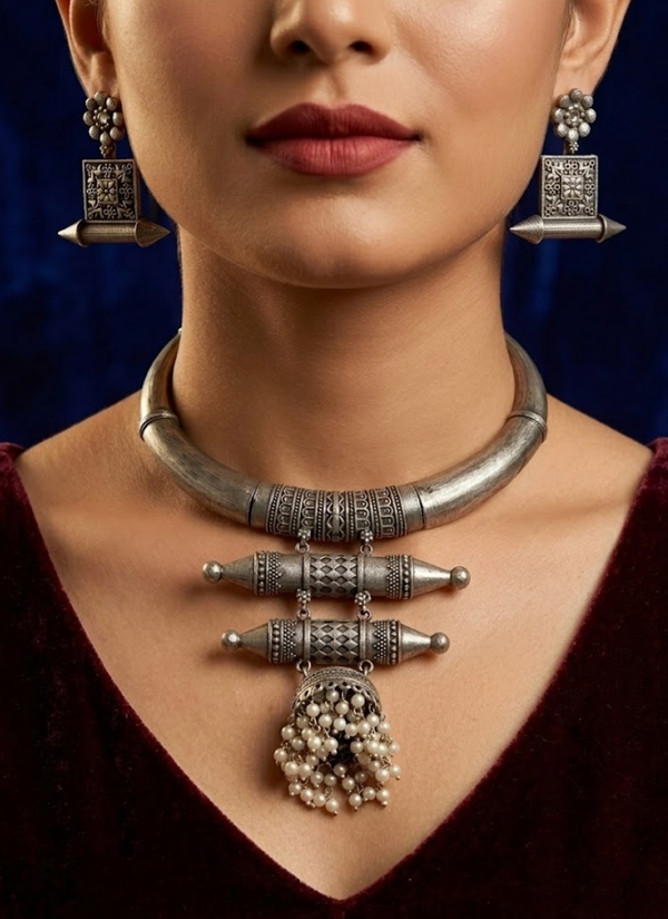Snehal Silver Necklace Set