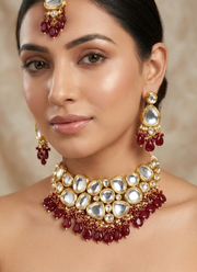 Kundan Necklace Set with Maroon Stone – Earrings & Tikka 3