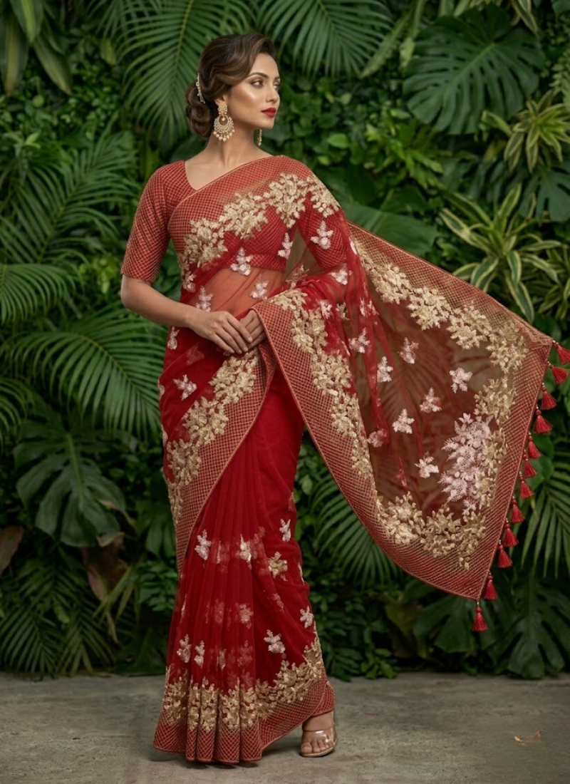 Pure Maslin Saree with Embroidery & Matching Blouse Piece - View 1