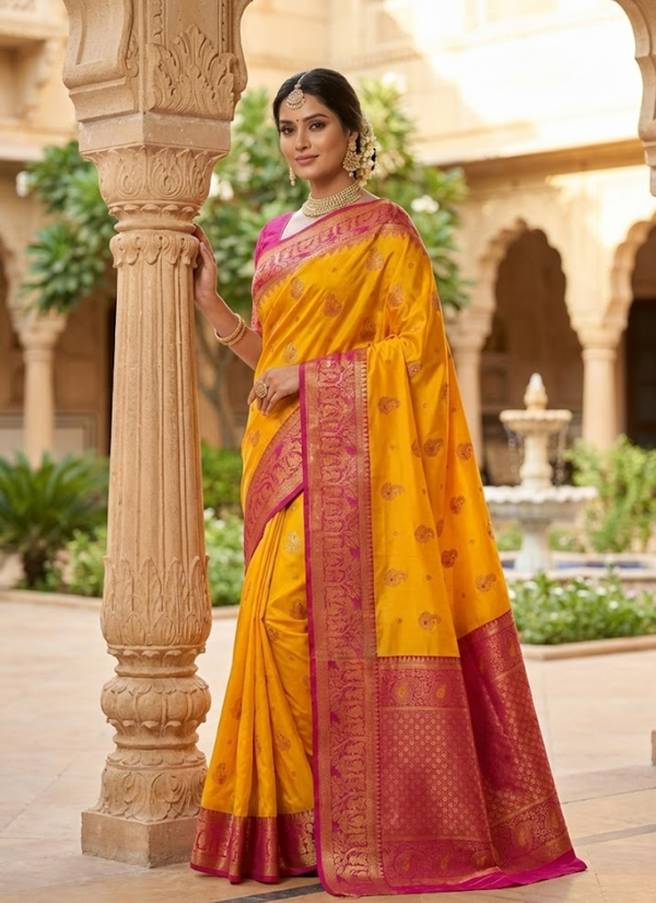 Bright Yellow Katan Silk Saree – Mina Work