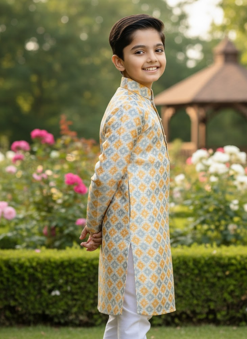 Kids Kurta Pajama – Multicolor Silk Kurta with White Cotton Pyjama