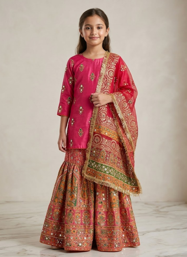 Kids Raw Silk Sharara with Block Print &amp; Mirror Work