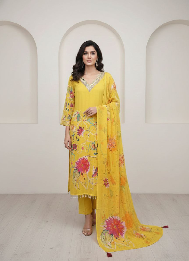 Pakistani Silk Salwar Suit with Mirror & Stone Work