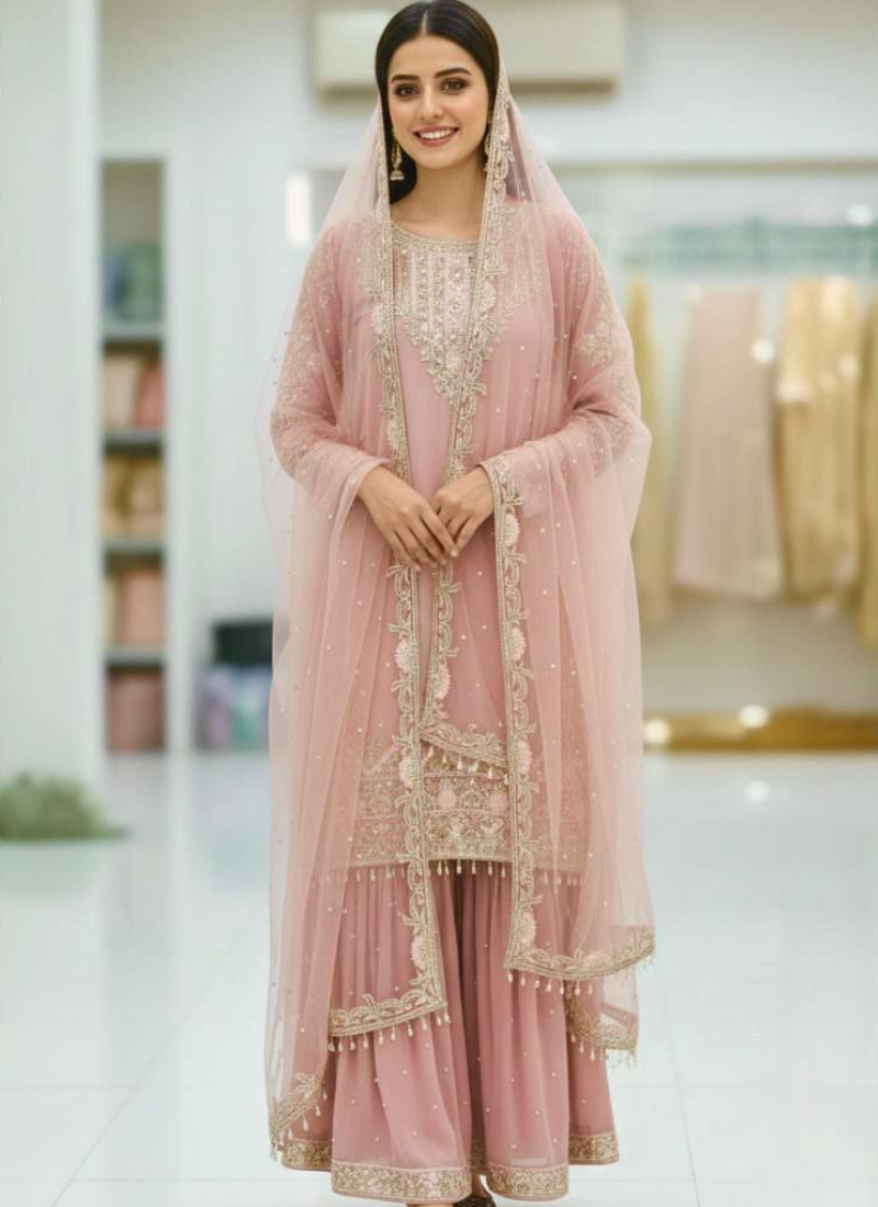 Faux Georgette Sharara Suit with Sequins & Pearl Moti Hand Work + Dupatta