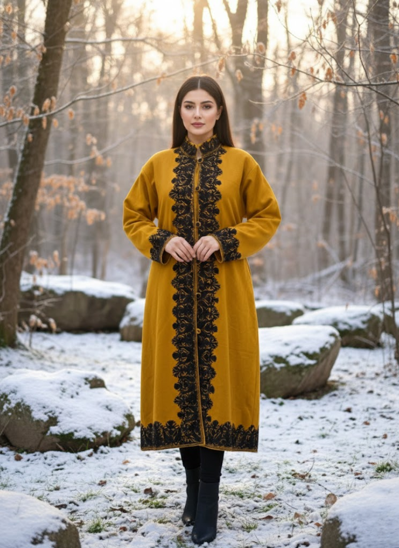 Kashmiri Pashmina Coat – Mustard Yellow Embroidered