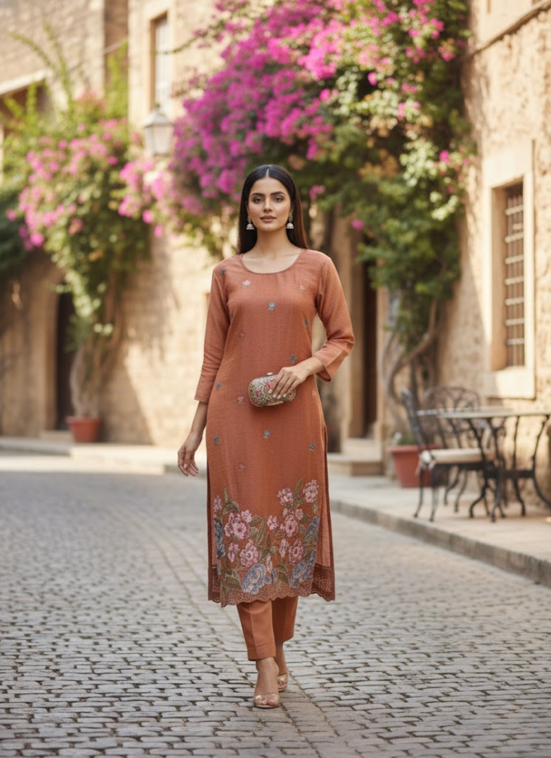 Crepe Silk Salwar Suit – Rust Orange with Floral Embroidery