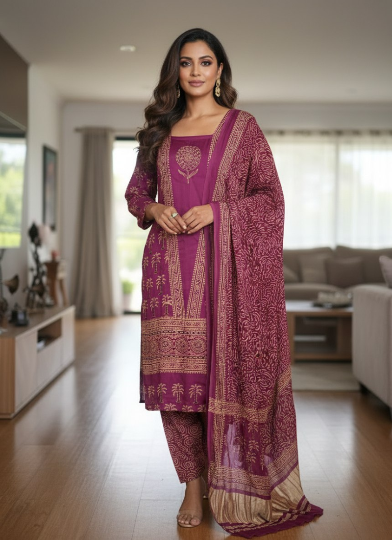 Pure Modal women’s Ajrak Salwar Suit – Kari Border Dupatta