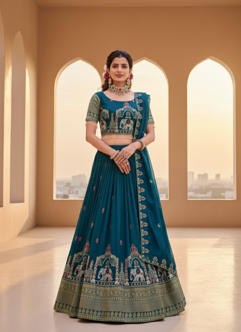 Pure Vichitra Embroidered Lehenga Choli Set
