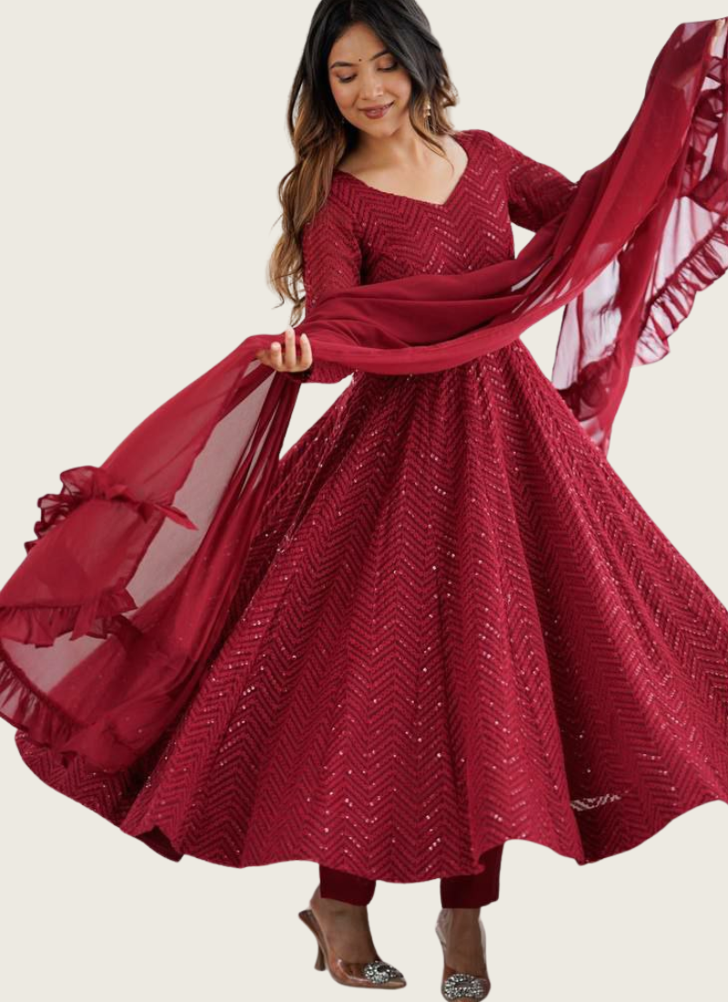 Fox Georgette Lucknowi Anarkali Gown with Sequins & Ruffle Dupatta | Online store for fashion
