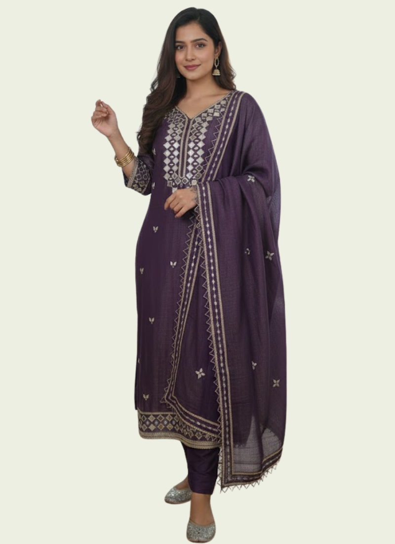 Dark Purple Silk Salwar Suit with Mirror Work Dupatta