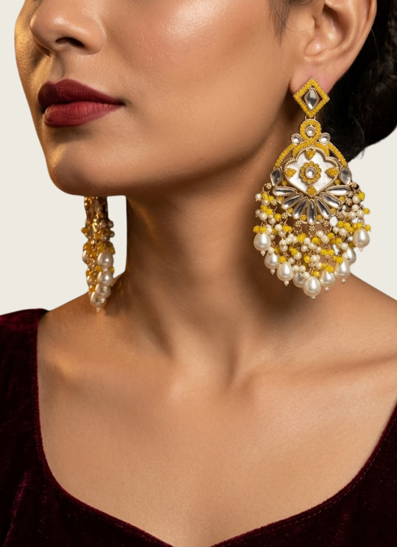 Yellow Kundan Earrings with Moti Work, Indian jewellery shop near me Perth WA