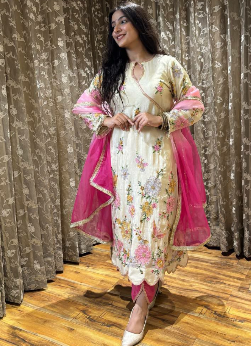 Churidar Suit in Chinon with Sequins Embroidery + Printed Organza Dupatta