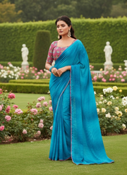 Blue Chiffon Saree with Stitched Floral Blouse 3