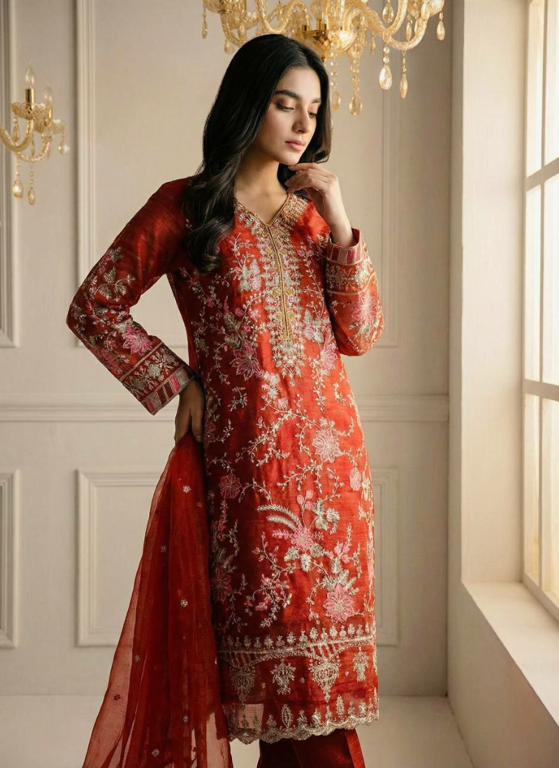 Crunchy Silk Punjabi Straight Suit with Heavy Embroidery + Dupatta
