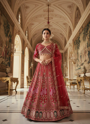 Red Kasturi Silk Bridal Lehenga Choli with Heavy Sequins & Pearl Embroidery + Net Dupatta 2
