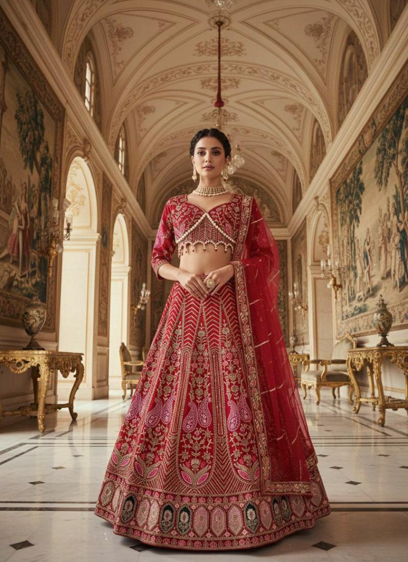 Red Kasturi Silk Bridal Lehenga Choli with Heavy Sequins & Pearl Embroidery + Net Dupatta