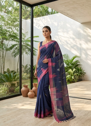 Semi-Pure Manipuri Saree – Navy Blue Traditional Elegance 2