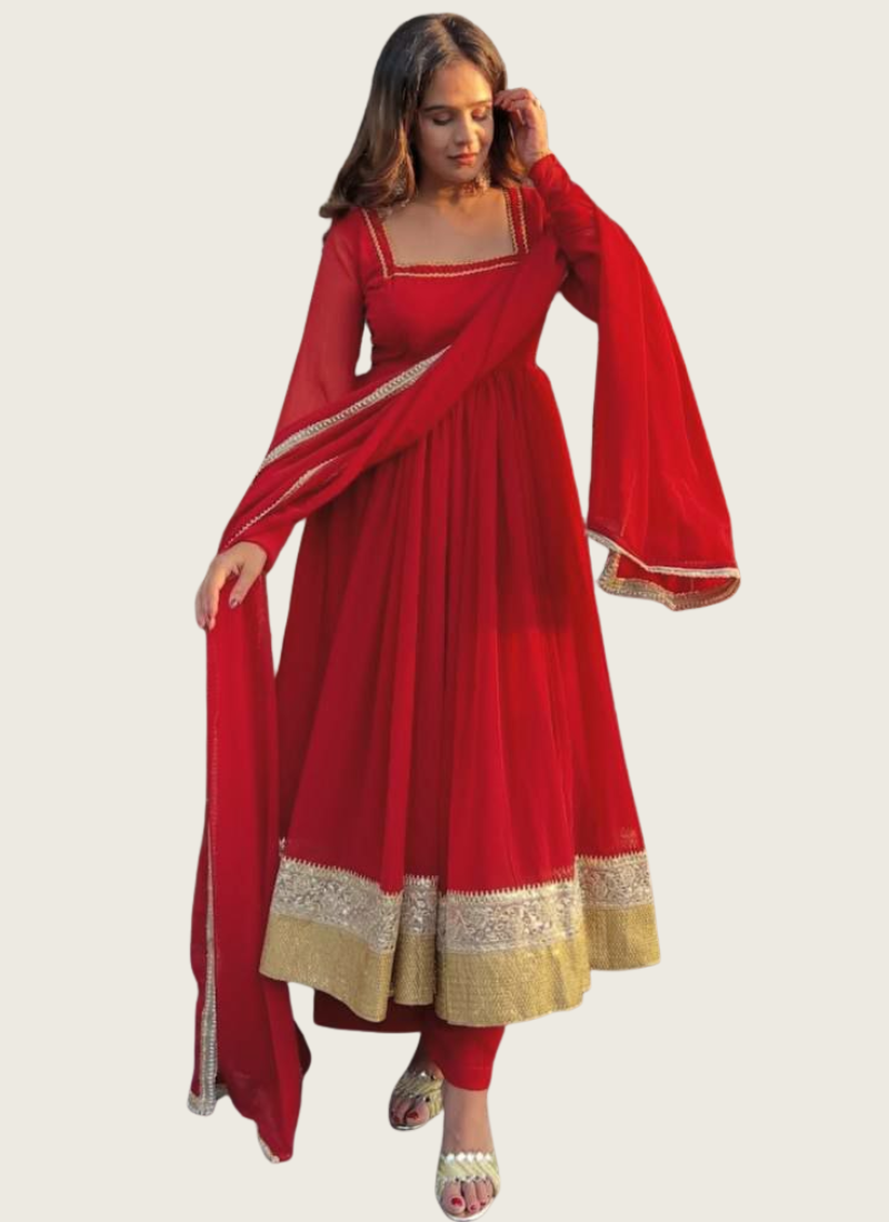 Red Anarkali Gown in Heavy Faux Blooming with Plazzo & Dupatta | Best fashion online store 