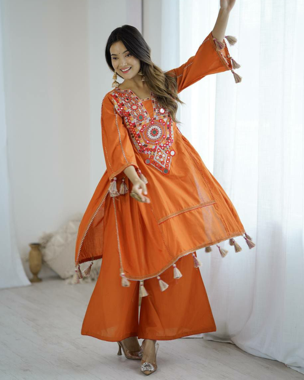 Designer Khadi Cotton Co-ord Set – Embroidery & Mirror Work