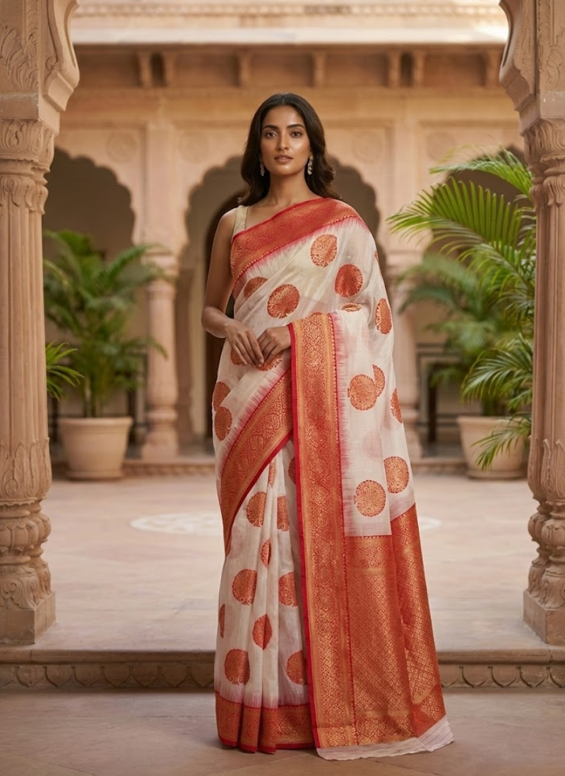 Assam Silk Saree with Blouse Piece – White & Red Zari