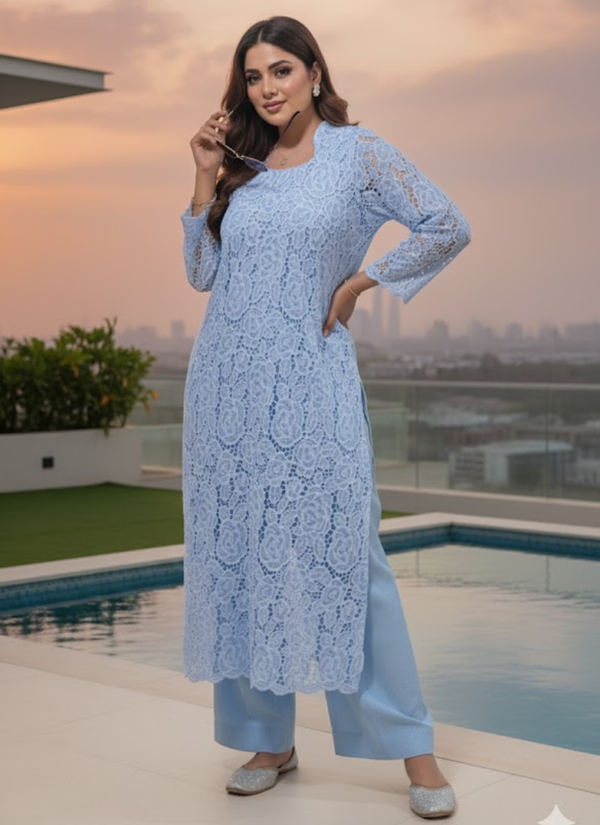 Powder Blue Silk Chikankari Co‑Ord Set with Divider Bottom