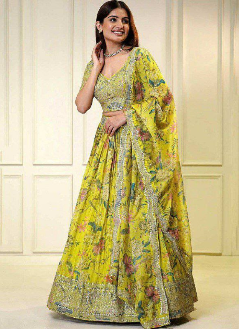 Yellow Organza Lehenga Choli with Zari & Sequins Embroidery + Lace Dupatta