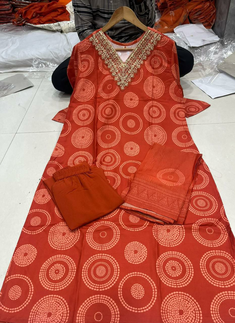 Orange Rayon Punjabi Suit with Embroidery & Taby Dupatta