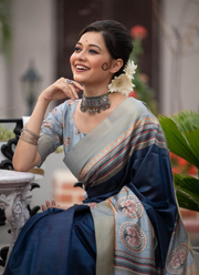 Tussar Print Silk Saree with Zari Border & Warli Pallu + Blouse Piece 5