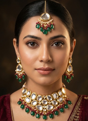 Kundan Necklace Set with Earrings & Tikka – Green & Red Beads 6