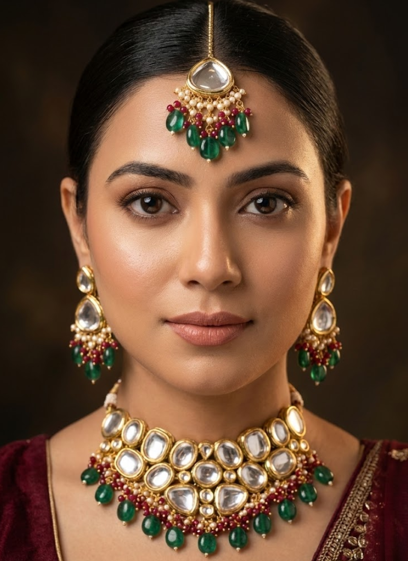 Kundan Necklace Set with Earrings & Tikka – Green & Red Beads