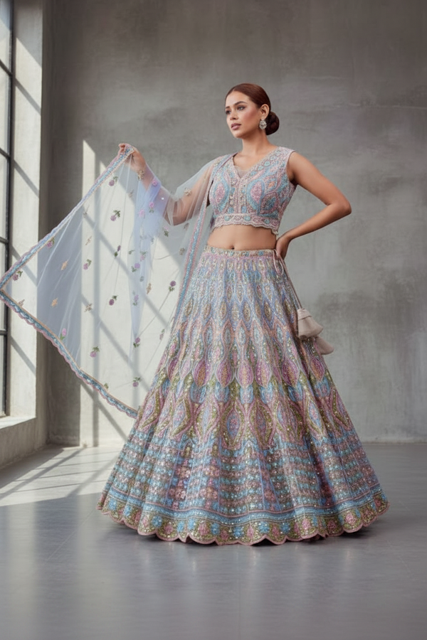 Soft Net Lehenga Choli with Mirror Embroidery