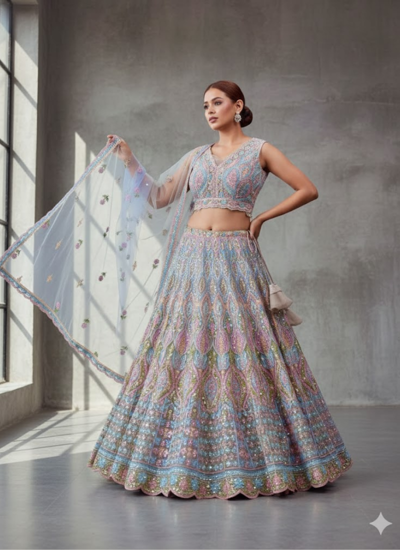 Soft Net Lehenga Choli with Mirror Embroidery
