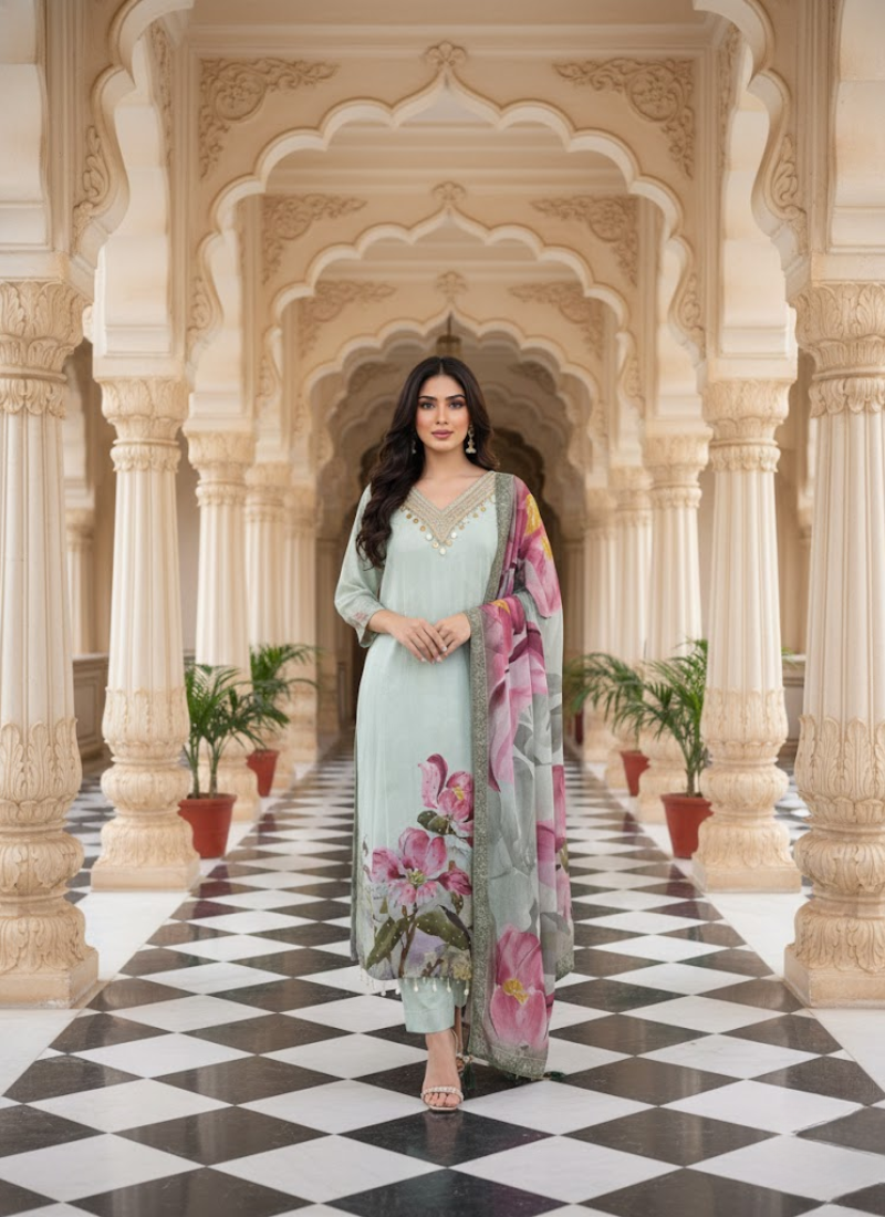 Light Purple Salwar Kameez with Embroidery & Printed Dupatta
