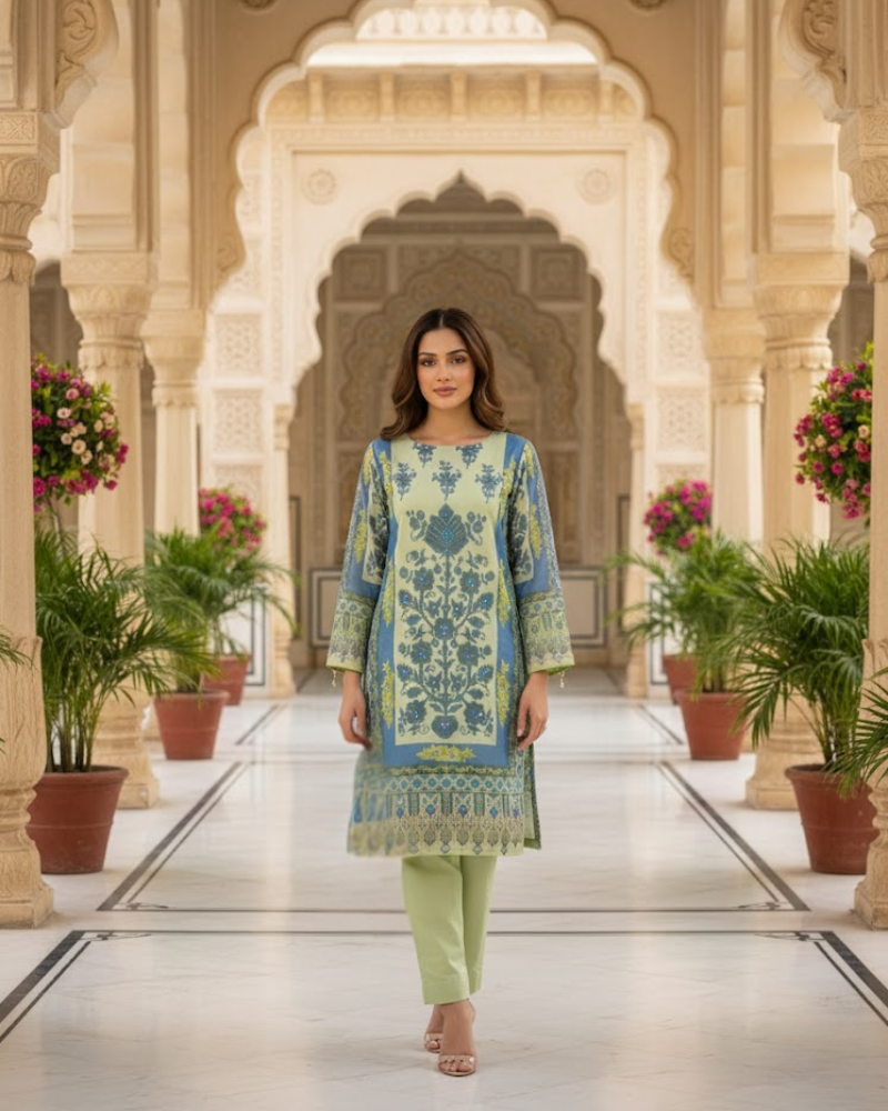 Green & Blue Organza Salwar Suit – Floral Print & Pipe Work