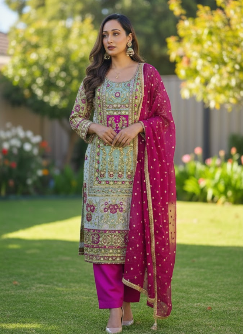 Pakistani Kameez in Chinnon silk with hand embroidery