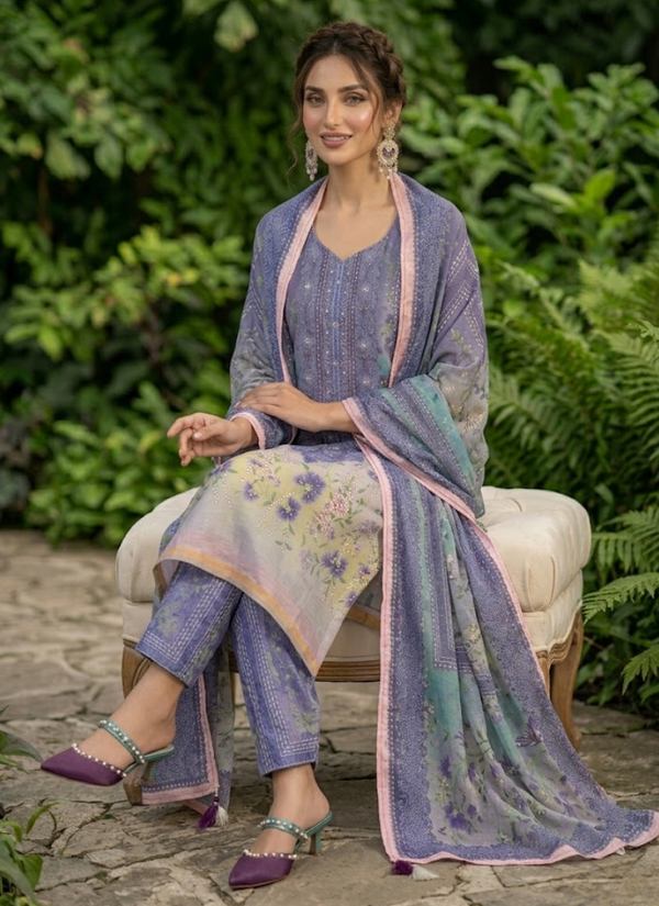Blue Floral Chinon Silk Dhoti Suit