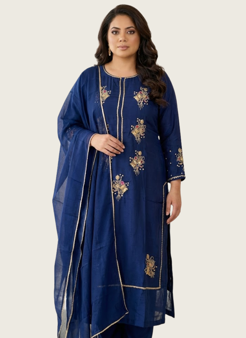 Women’s salwar kameez in silk fabric with zari and sequence detailing, festive partywear design.