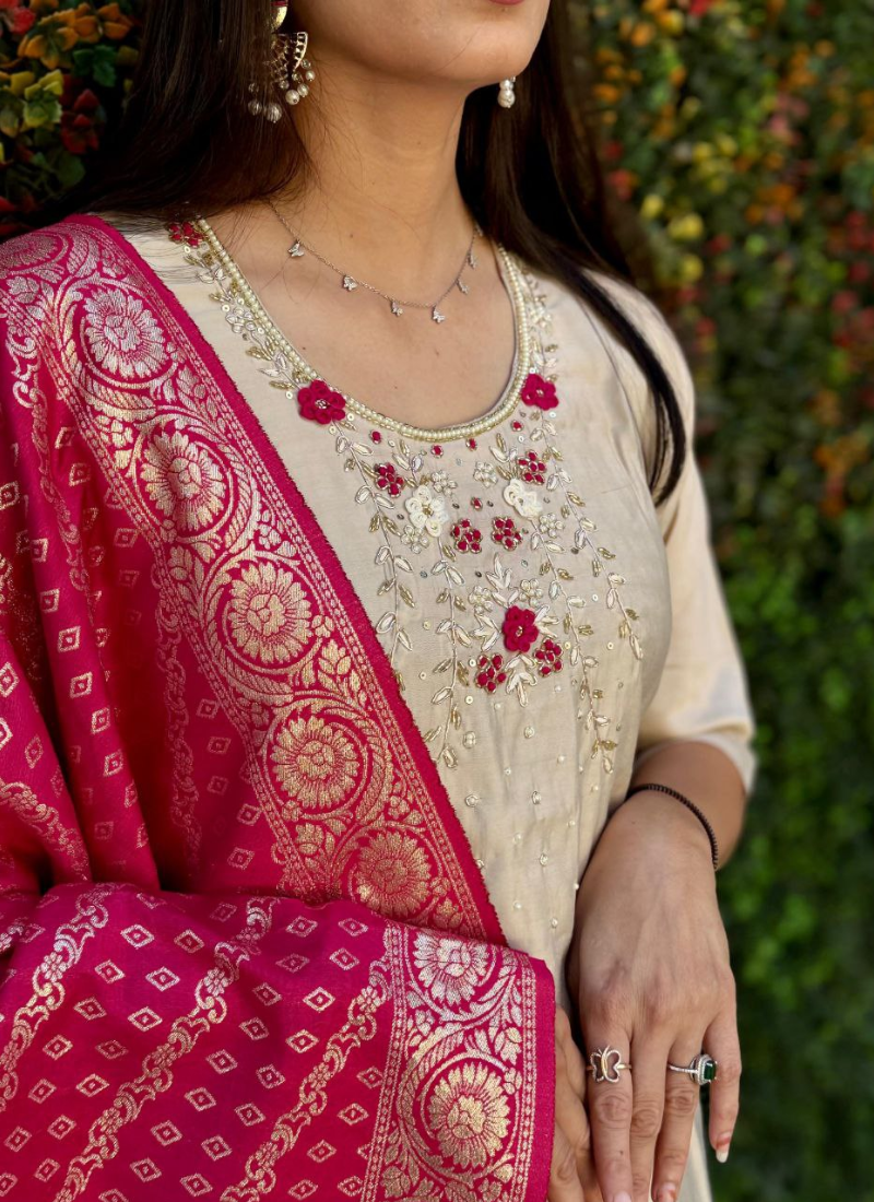 Cream Roman Silk Punjabi Suit with Handwork & Jacquard Dupatta