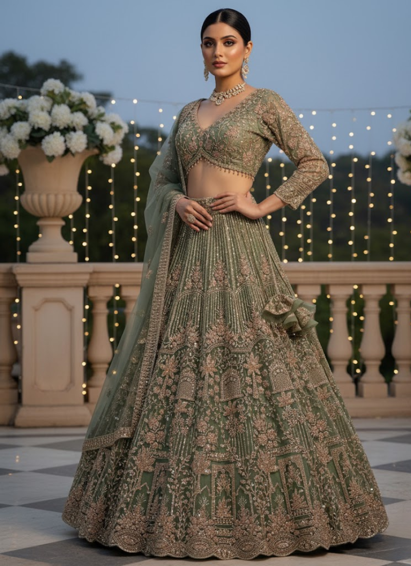 Premium Net Lehenga with Sequins Coding Work & Dupatta – Semi Stitched
