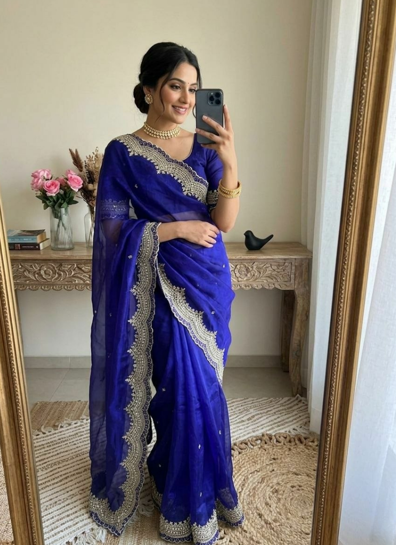 Fendy Satin Silk Saree – Gold Embroidery with Pearl Detailing & Matching Blouse
