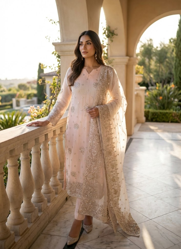 Peach Kota Salwar Kameez with Handmade Gota Patti Work