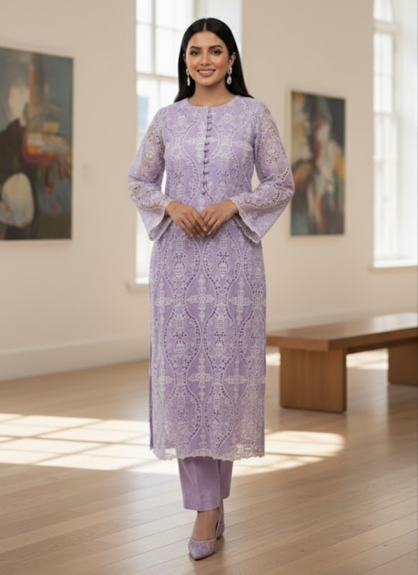 Lilac Silk Chikankari Co‑Ord Set with Divider Bottom