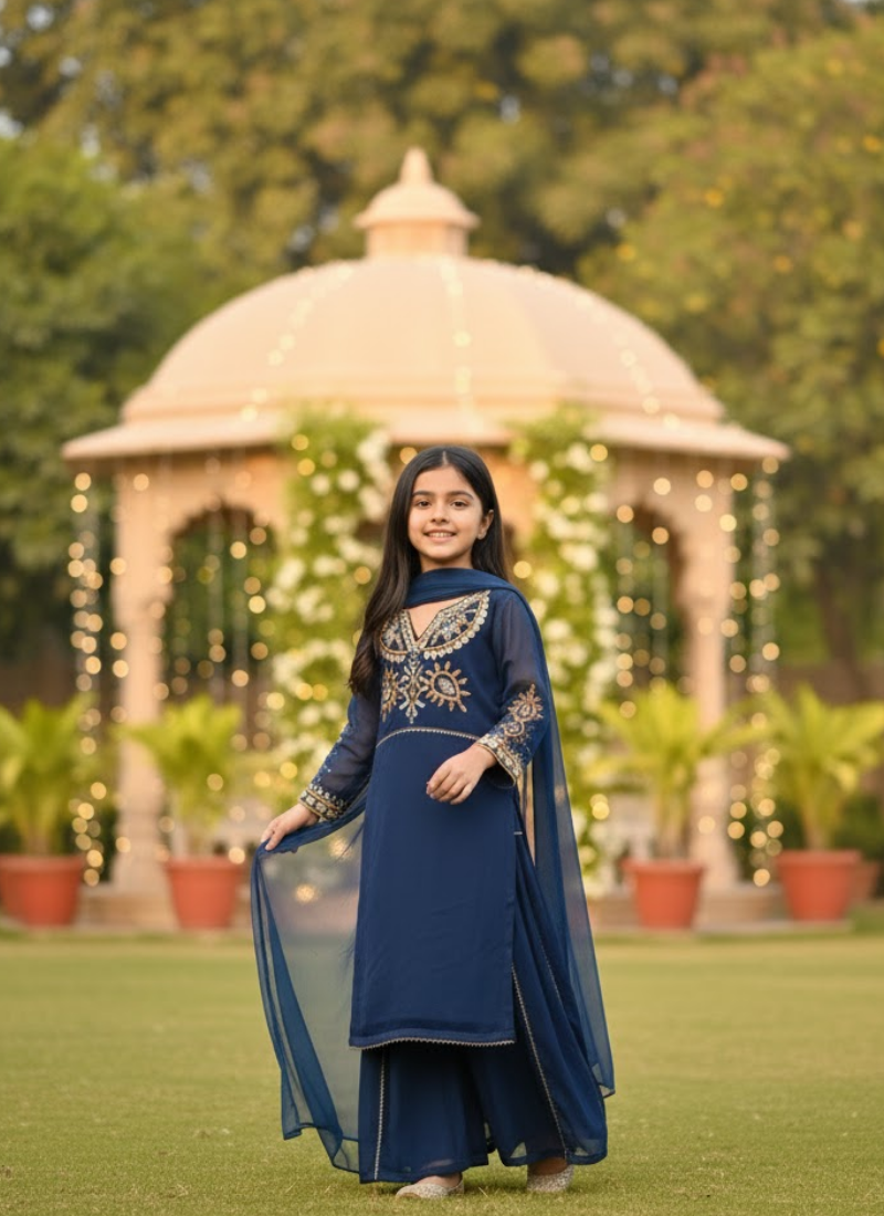 Teal Blue Chiffon Kids Sharara Suit – Festive Flair