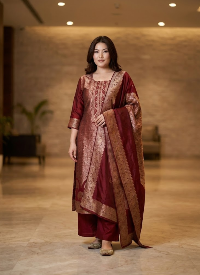 Pure Banarasi Punjabi Suit with Dupatta & Bracelet